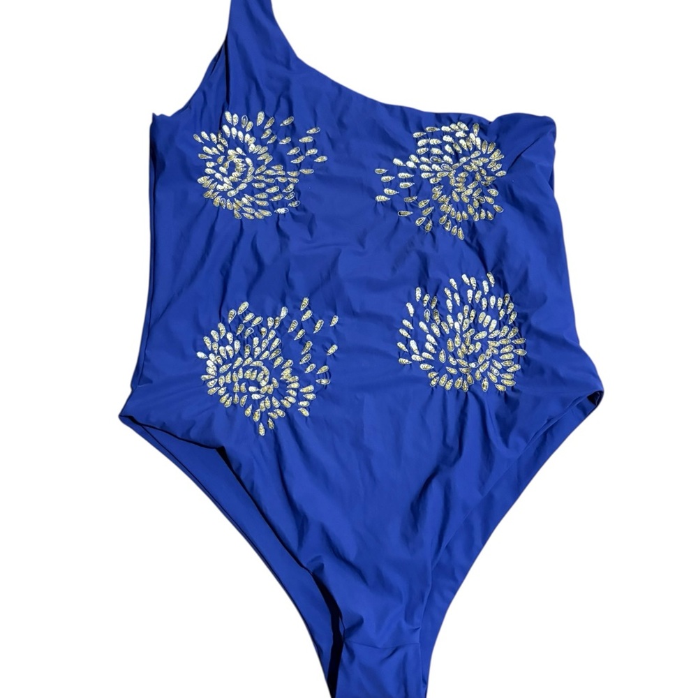 Oceanus Women's Blue and Gold Crystal One-Shoulder 1-Piece Swimsuit Size XXL